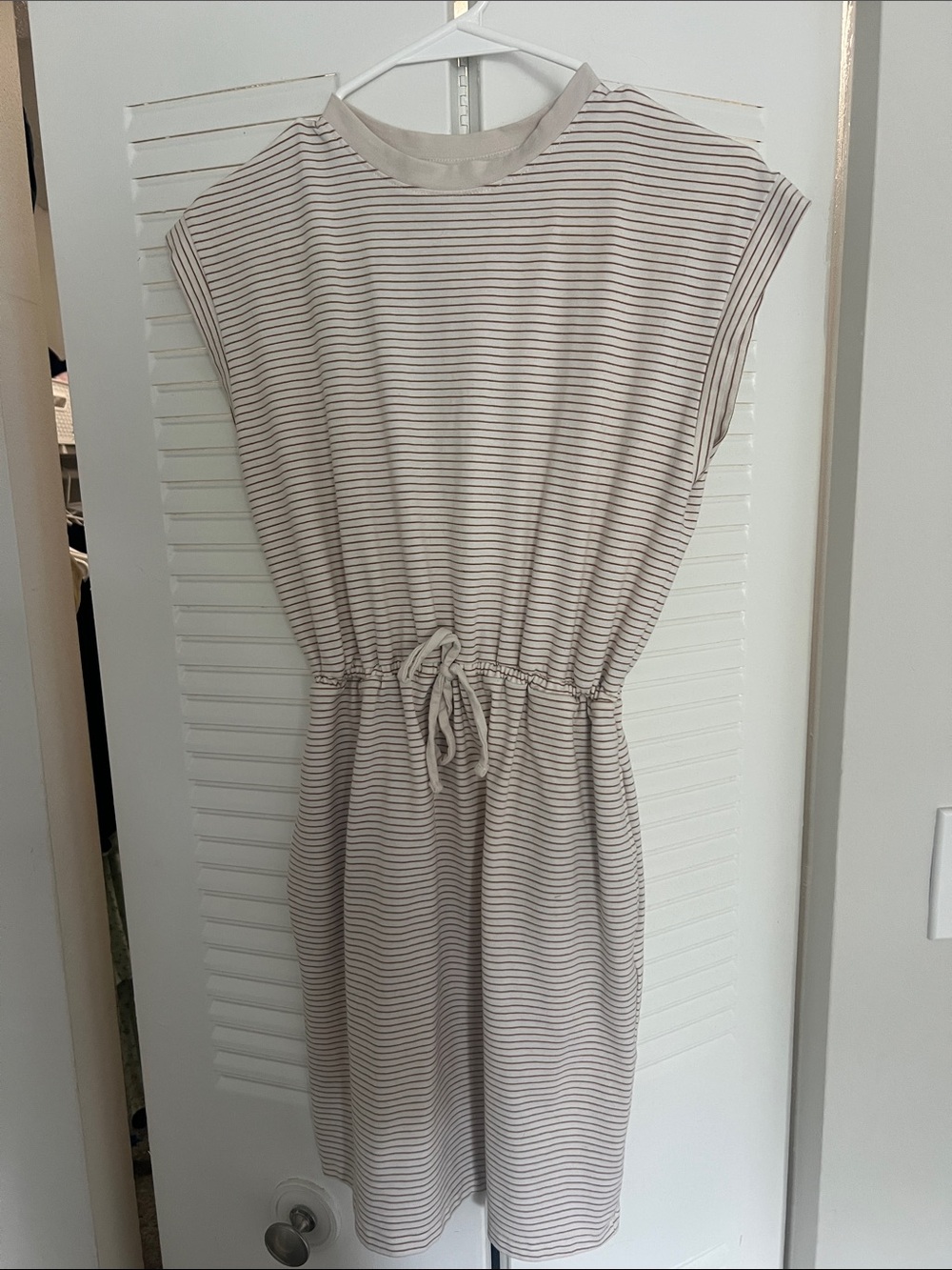 Casual Striped Drawstring Waist Dress - Cream and Taupe